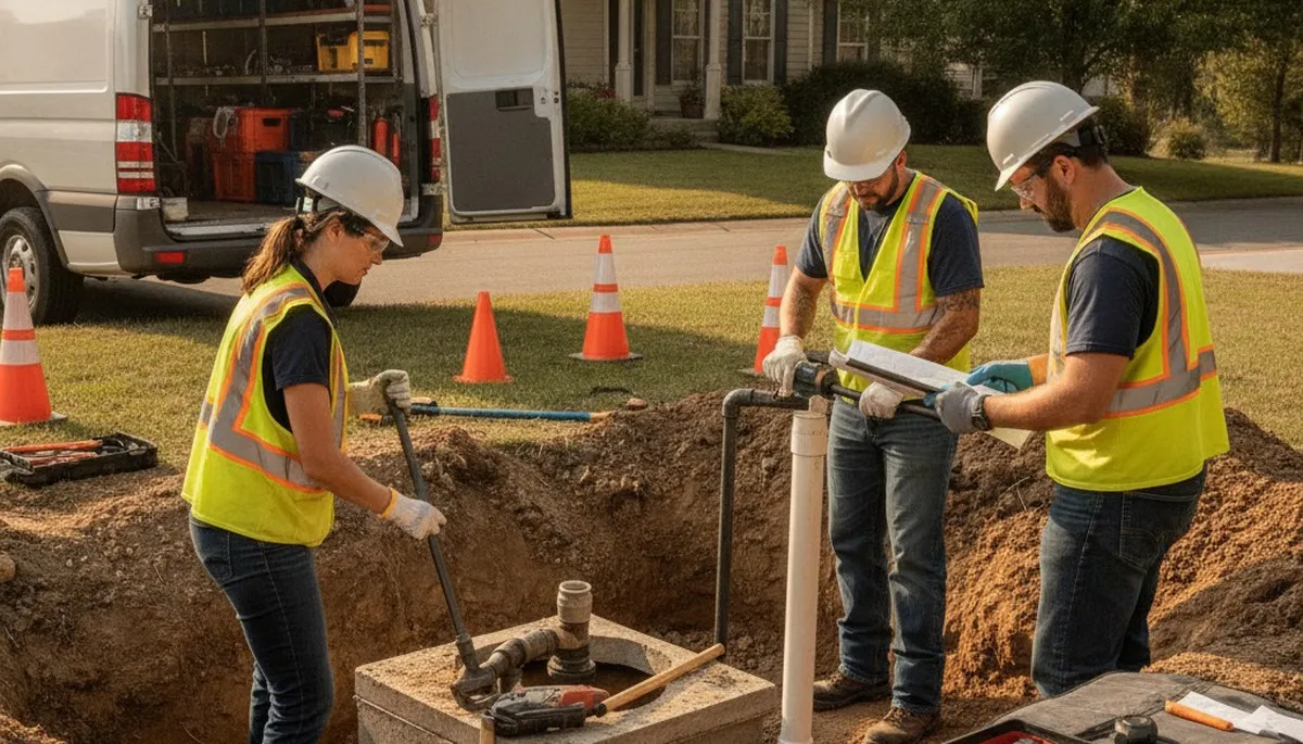 Septic repair technician inspecting system for Peoria, IL home plumbing service