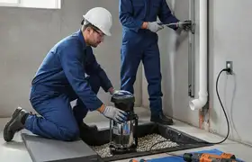 Sump pump installation by Peoria, IL plumbers for basement flood protection